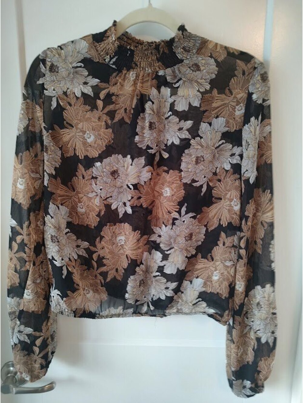 Express Women's High Neck Sheer Floral Long Sleeve Elastic Waist Crop Blouse M